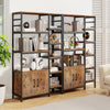 Double wide 8-tier bookshelf in rustic brown with staggered shelves and 2-door cabinet for stylish home organization.