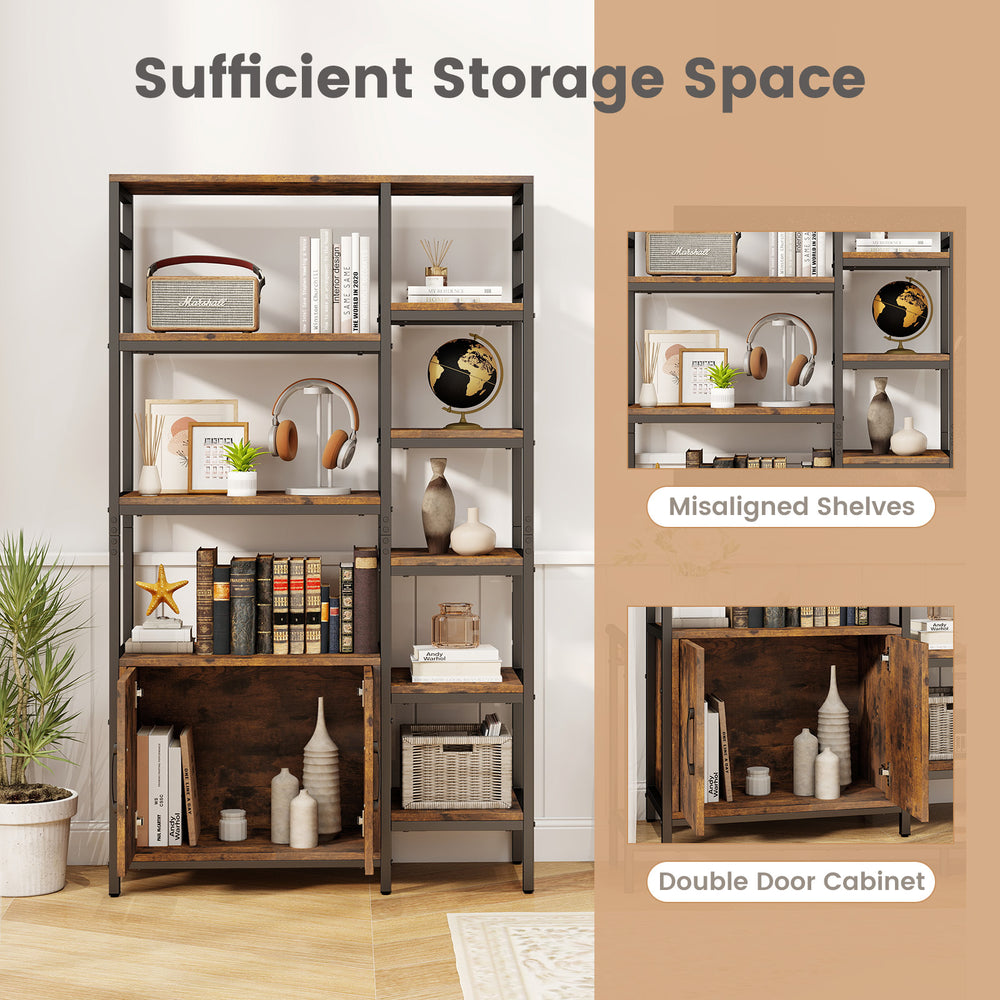 Double Wide 8-Tier Bookshelf in rustic brown with staggered shelves and 2-door cabinet for stylish storage in any room.