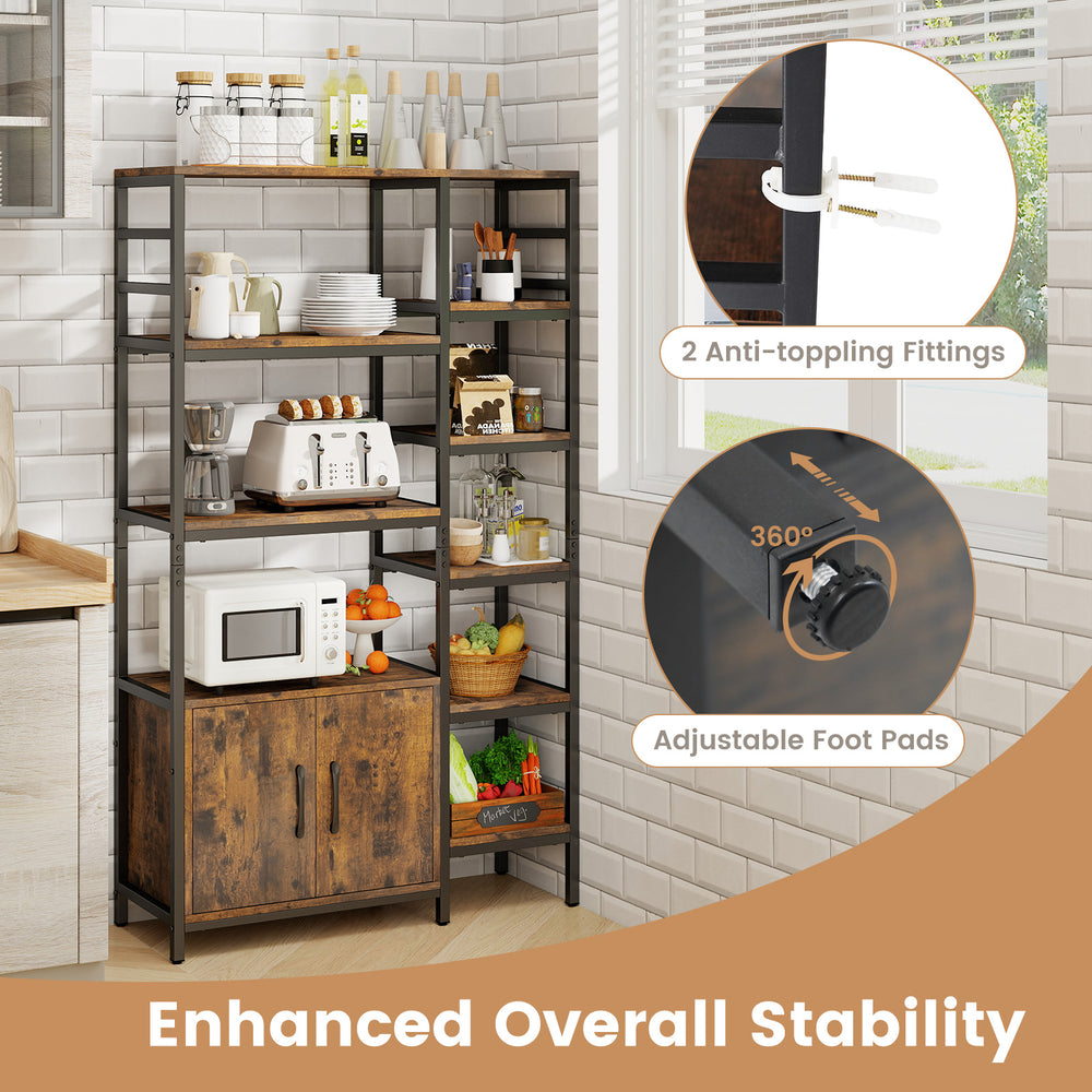 Double wide 8-tier bookshelf in rustic brown with 2-door cabinet, adjustable foot pads, and anti-toppling fittings for.