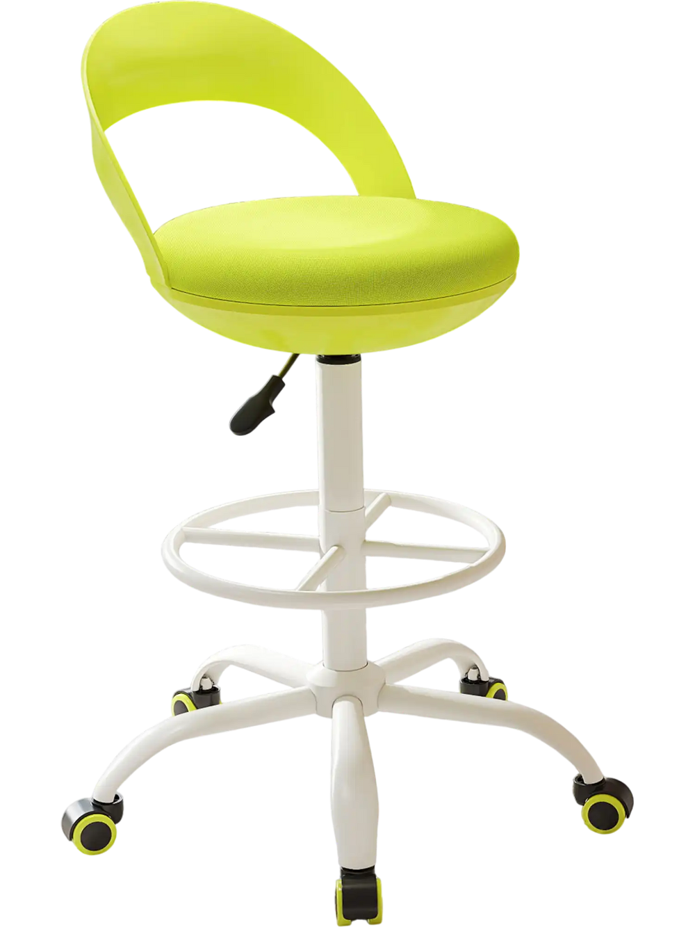 Bright green drafting stool with a curved backrest, adjustable height, and smooth-rolling wheels for ergonomic office.