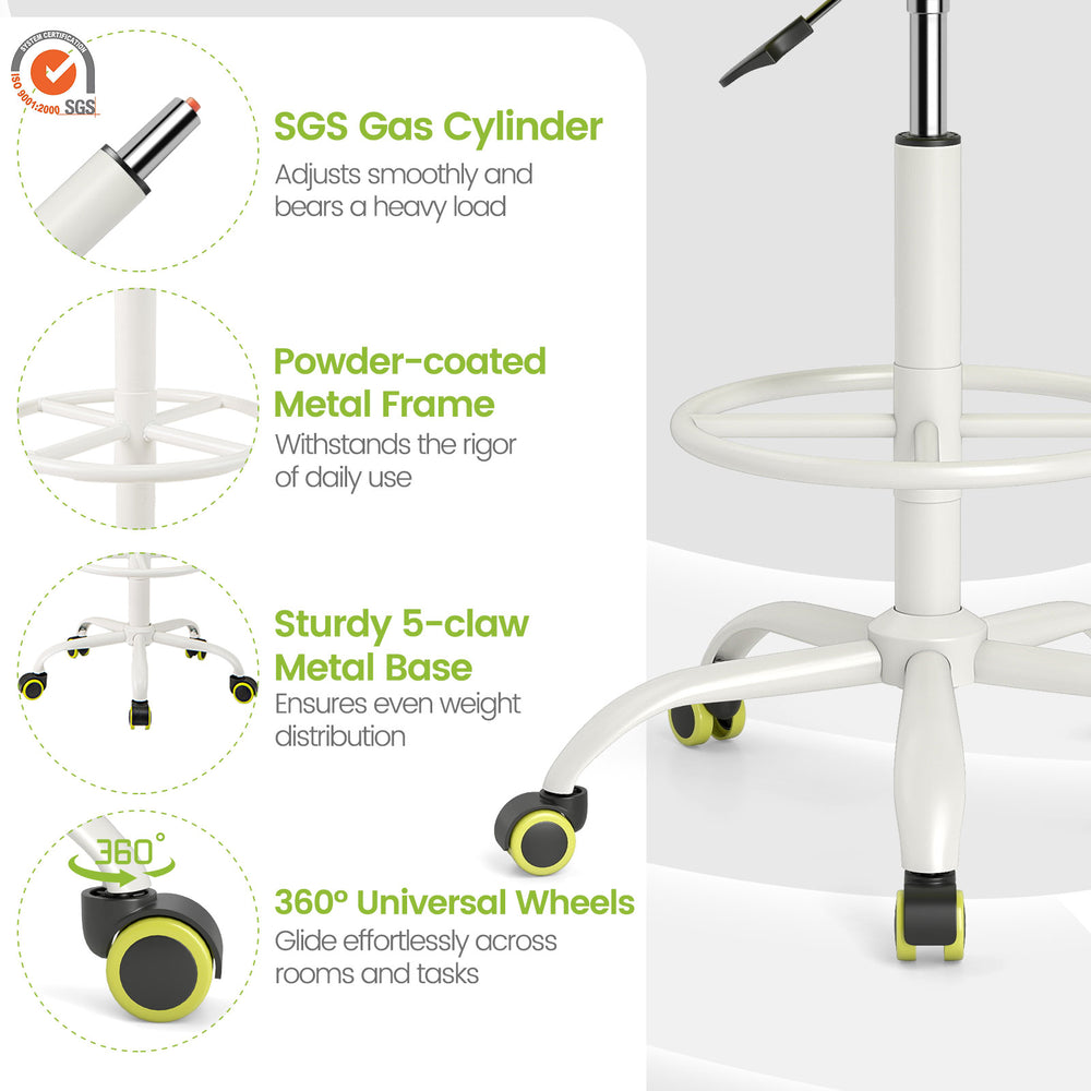 Drafting stool with wheels, green, features a sturdy metal base, adjustable height, and breathable mesh for comfort.