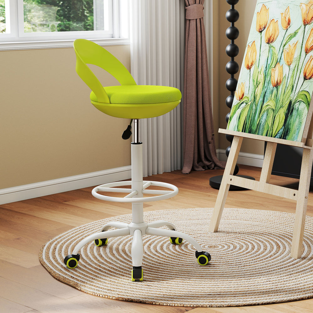 Green drafting stool with wheels, breathable mesh, adjustable height, ideal for standing desks and creative studios.
