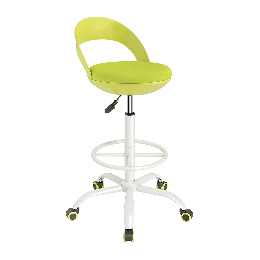 Green drafting stool with a curved backrest, adjustable height, and smooth-rolling wheels for creative studios.