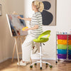 Drafting stool in green with wheels, featuring a breathable mesh seat and adjustable height, ideal for creative studios.