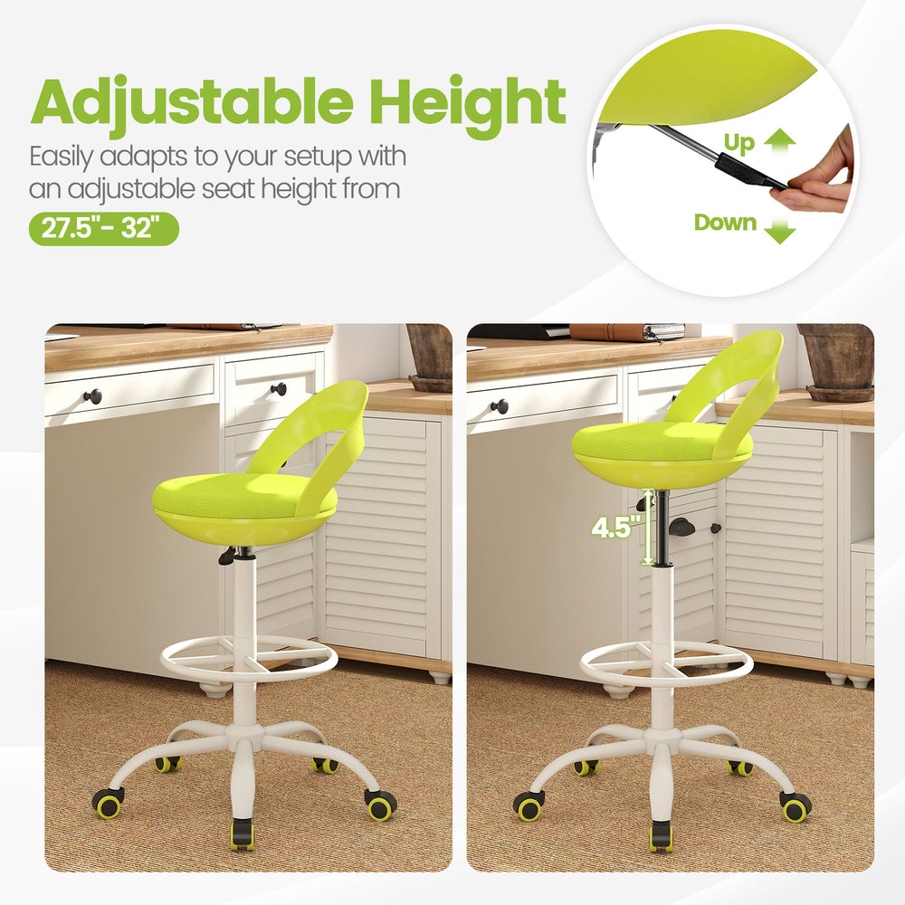 Drafting stool with adjustable height from 27.5" to 32", featuring a green contoured seat and smooth-rolling wheels.