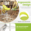 Drafting stool with green upholstery and low backrest, featuring adjustable height and all-round footrest for comfort.
