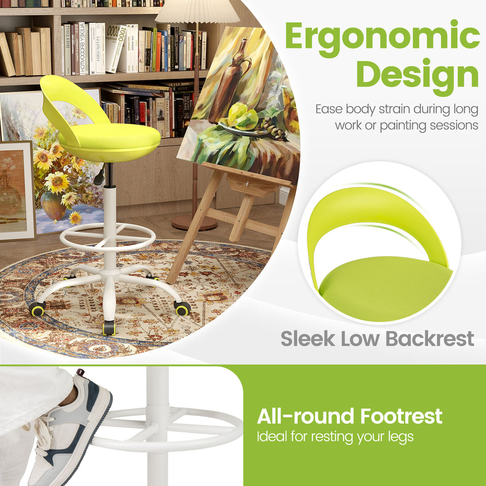 Drafting stool with green upholstery and low backrest, featuring adjustable height and all-round footrest for comfort.