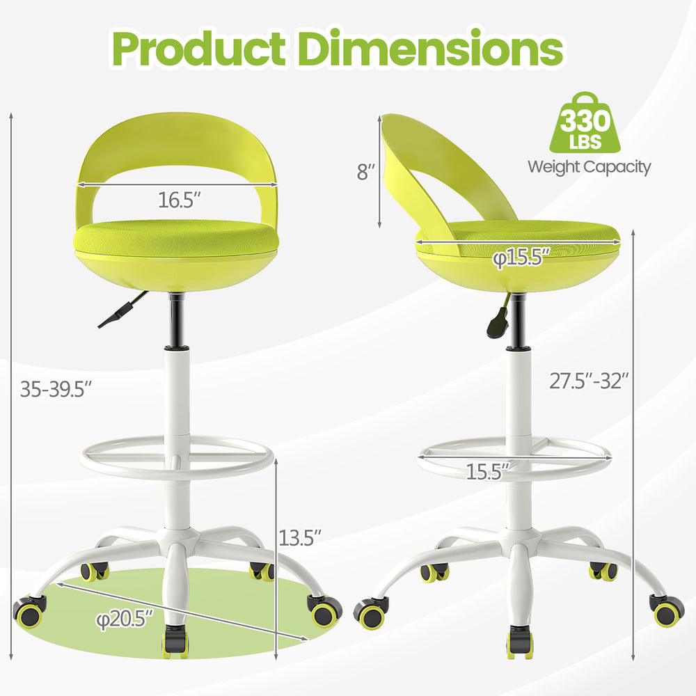 Drafting stool with adjustable height, green upholstery, and sturdy metal base, ideal for desks and creative studios.