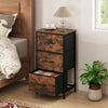 Dresser nightstand features a metal frame with three roomy fabric drawers for efficient bedroom storage and organization.