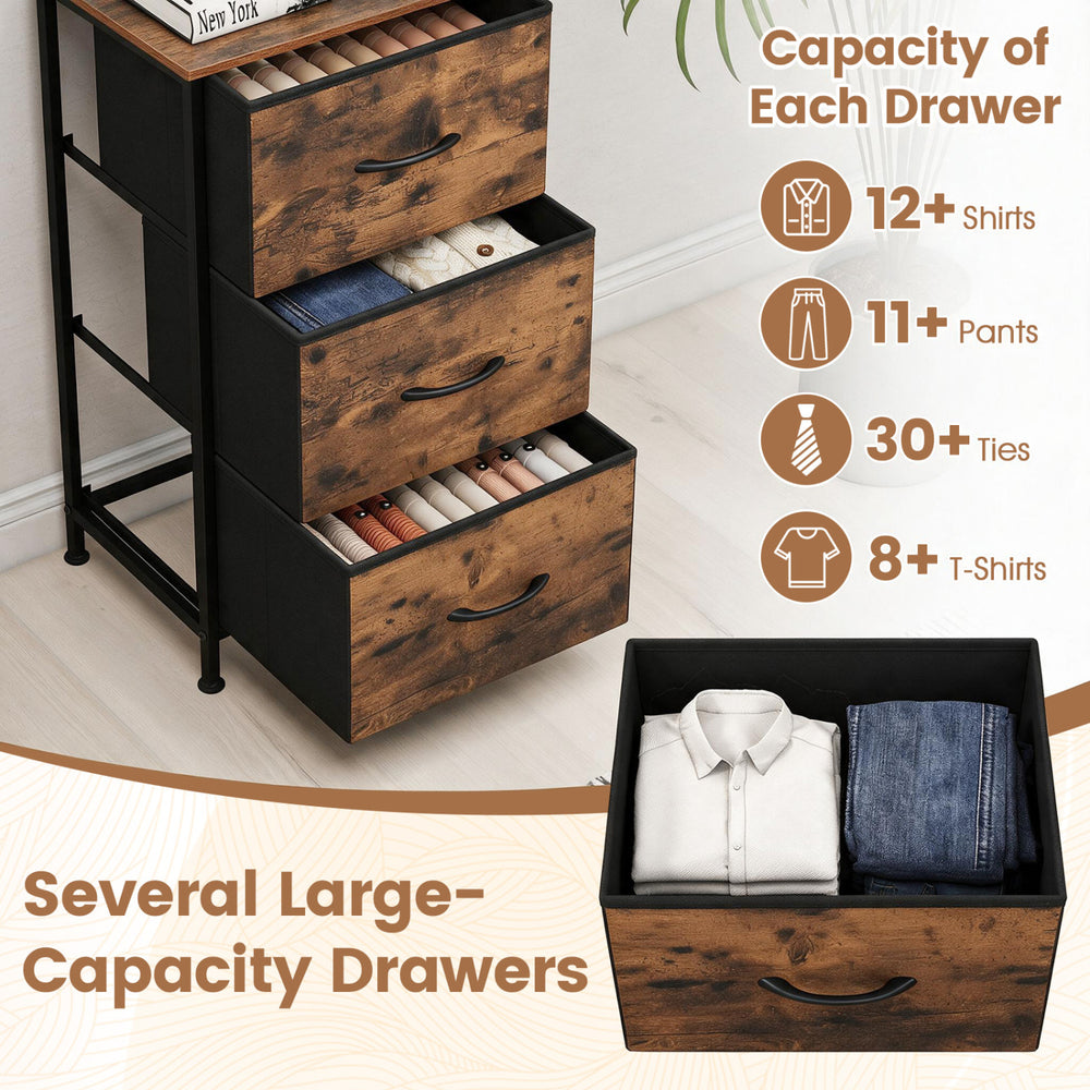 Three-layer dresser nightstand features roomy fabric drawers for shirts, pants, ties, and T-shirts with a sturdy metal frame.