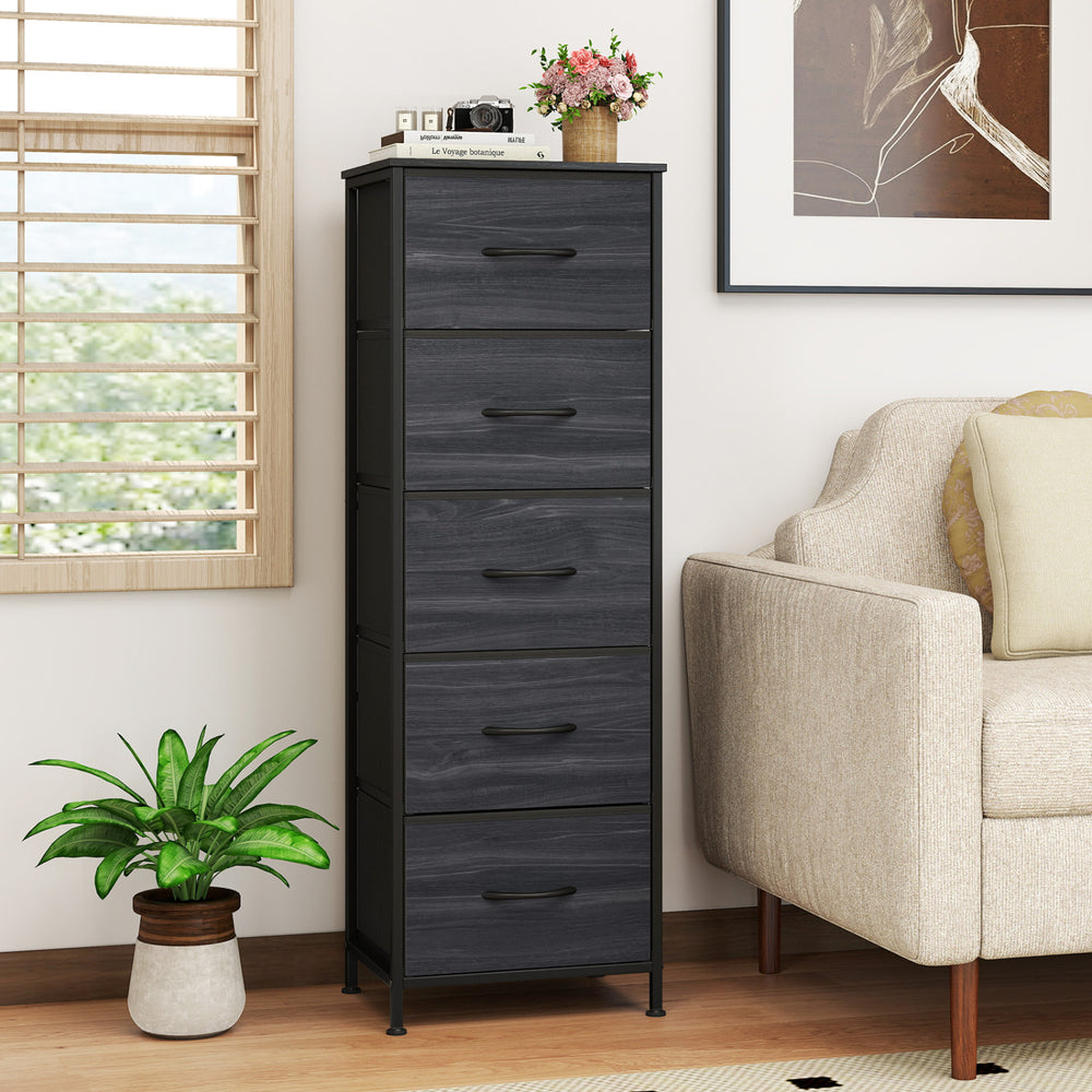Tall charcoal black dresser nightstand with five roomy fabric drawers, perfect for organizing clothing in any room.