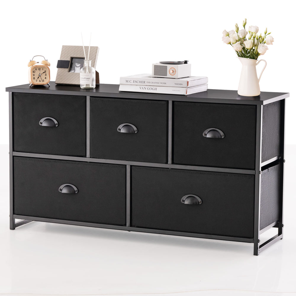 Dresser storage tower in black with 5 foldable cloth storage cubes, ideal for home or office organization.
