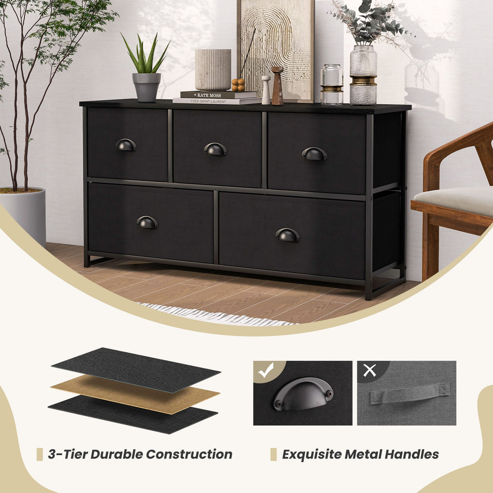 Dresser storage tower in black with 5 foldable cloth storage cubes, featuring durable construction and metal handles.