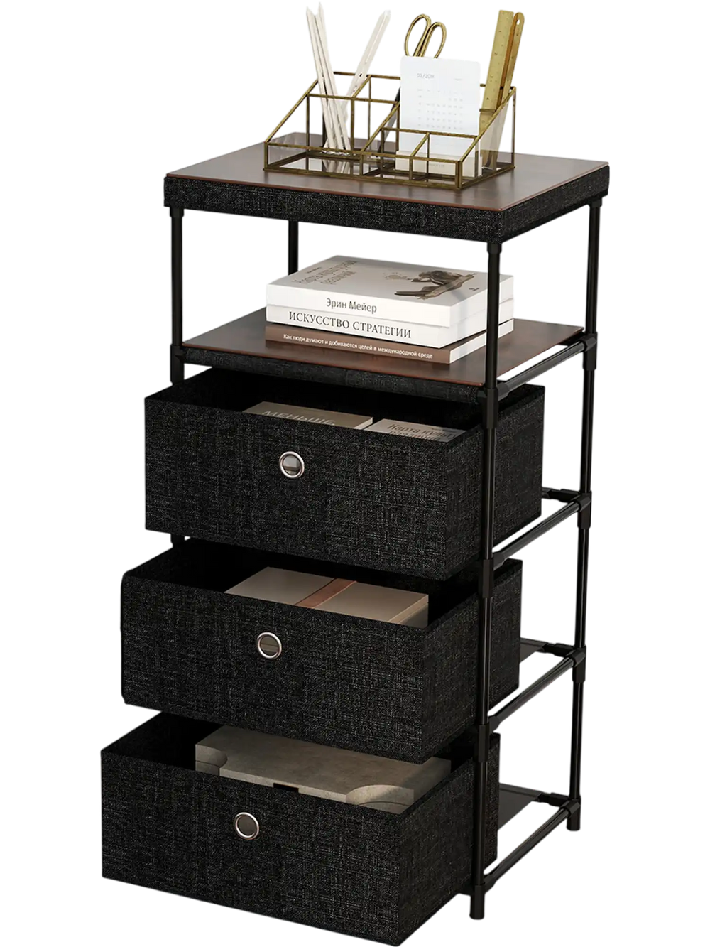 Fabric storage tower with 3 removable drawers, wood top, and metal frame, ideal for office or living room organization.
