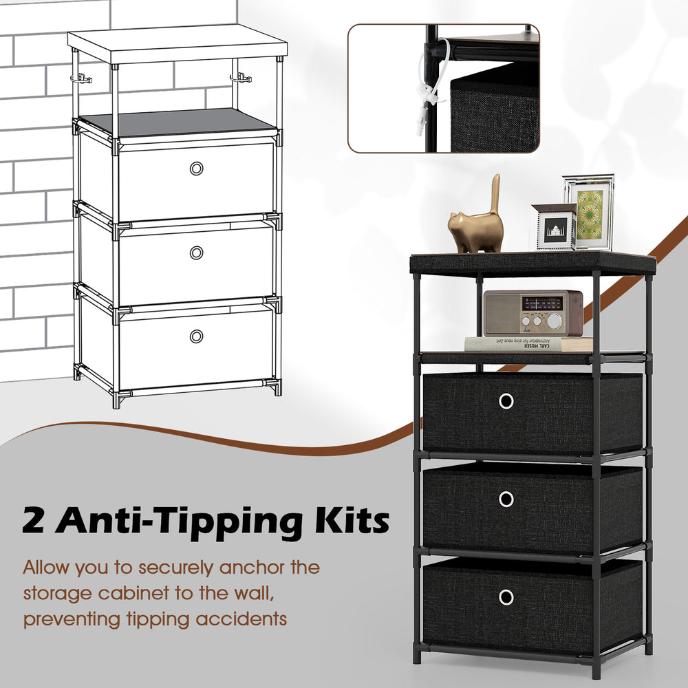 Dresser with 3 fabric drawers and wood top, featuring a metal frame and 2 anti-tipping kits for safety in any room.