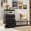 Dresser with 3 fabric drawers and wood top, featuring a metal frame, ideal for living rooms and offices.