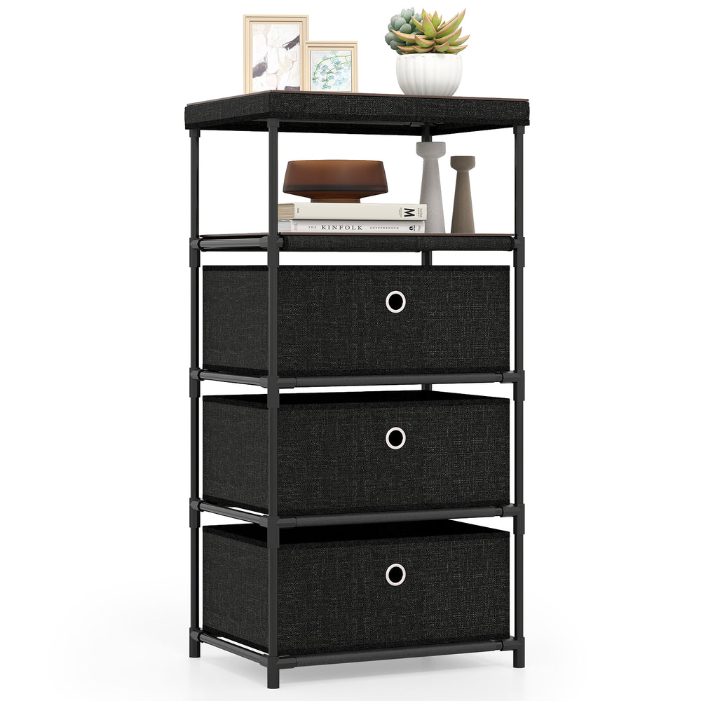 Dresser with 3 fabric drawers and wood top, featuring a metal frame for stability, ideal for living rooms or offices.