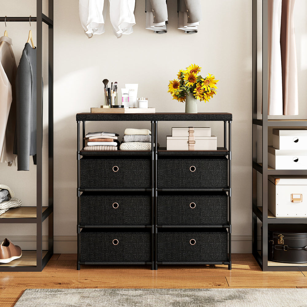 Dresser with 4 fabric drawers and a wide wood top, featuring a metal frame, perfect for stylish organization in any.
