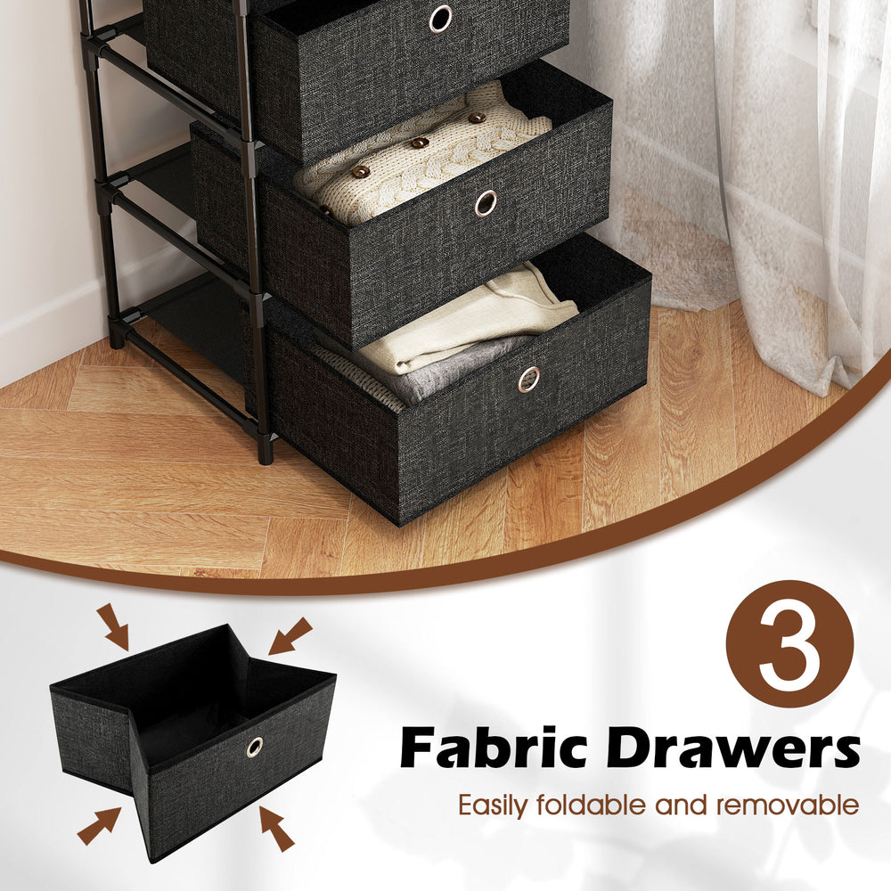 Three fabric drawers in a storage tower with a wood top and metal frame, ideal for organizing living spaces.