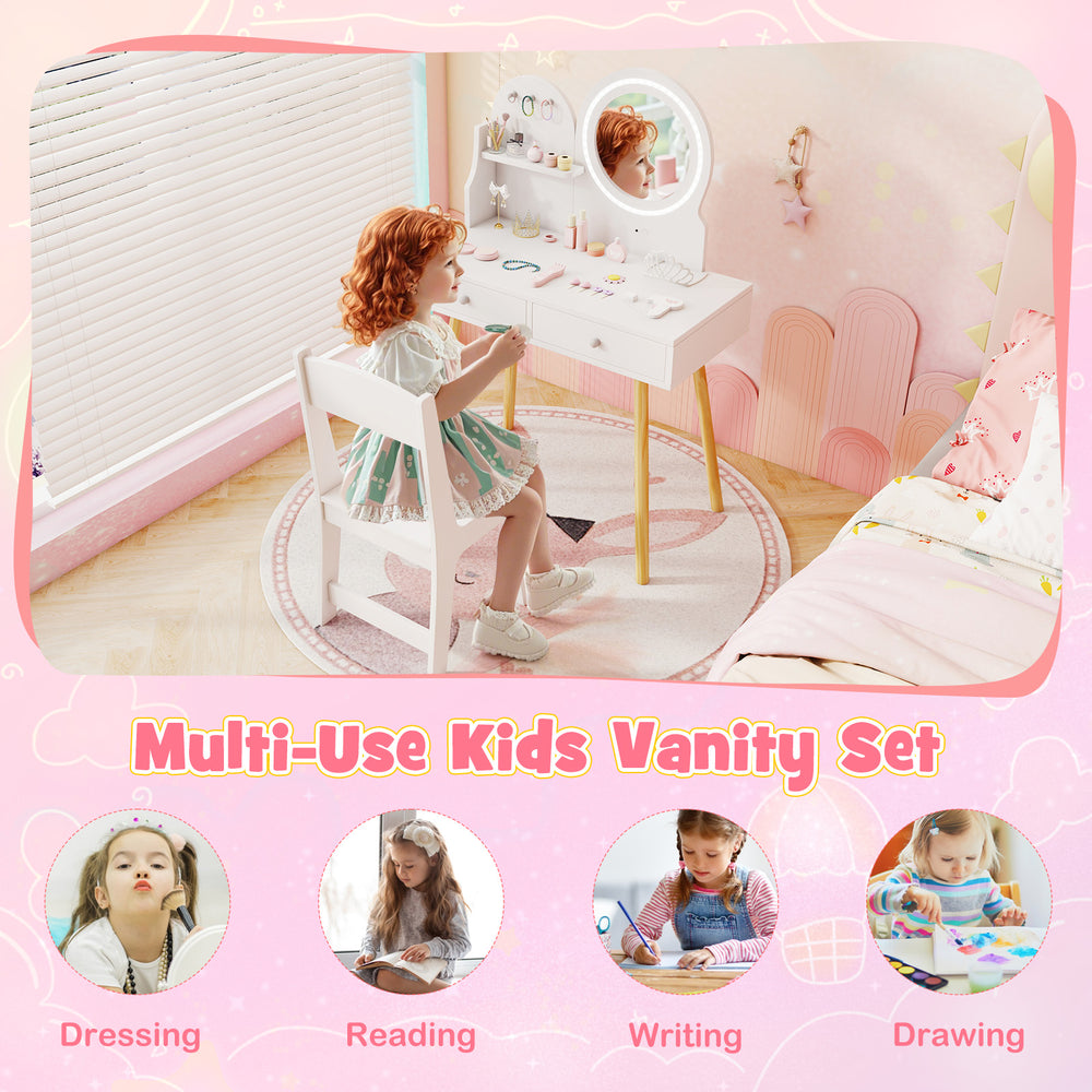 Kids vanity set with lighted mirror, storage drawers, and solid pine legs, perfect for dressing and creative activities.