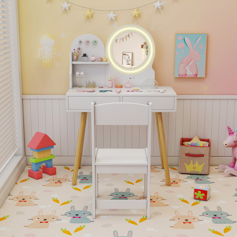White chair paired with the Kids Princess Makeup Dressing Desk, featuring a lighted mirror and ample storage for.