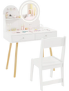 Kids princess makeup dressing desk and chair set in white with lighted mirror, ample storage, and solid pine wood legs.