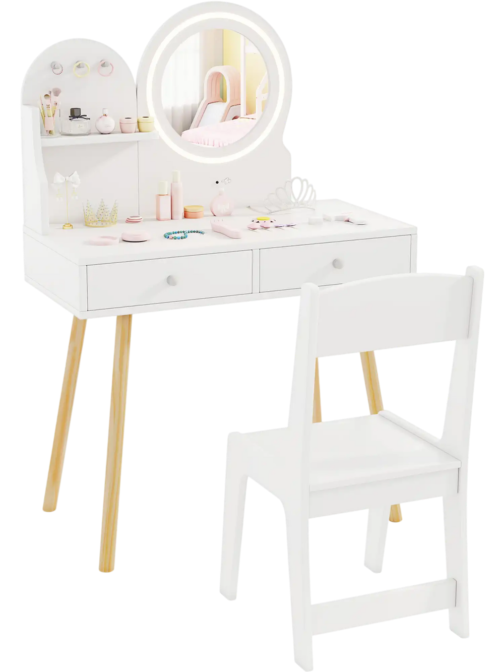 Kids princess makeup dressing desk and chair set in white with lighted mirror, ample storage, and solid pine wood legs.