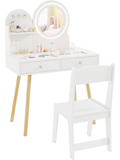 Costway Kids Princess Makeup Vanity Desk Chair Set Mirror Lights 741953826 New