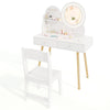 Kids princess makeup dressing desk and chair set in white with lighted mirror, storage, and solid pine wood legs.