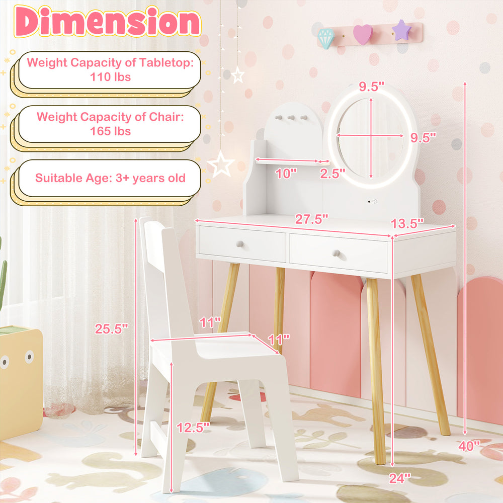 Kids princess makeup dressing desk set in white with lighted mirror, storage drawers, and solid pine wood legs for.