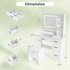 Dressing desk with dimensions, featuring a HD vanity mirror, 3-color lighting, and hair dryer stand for organized.