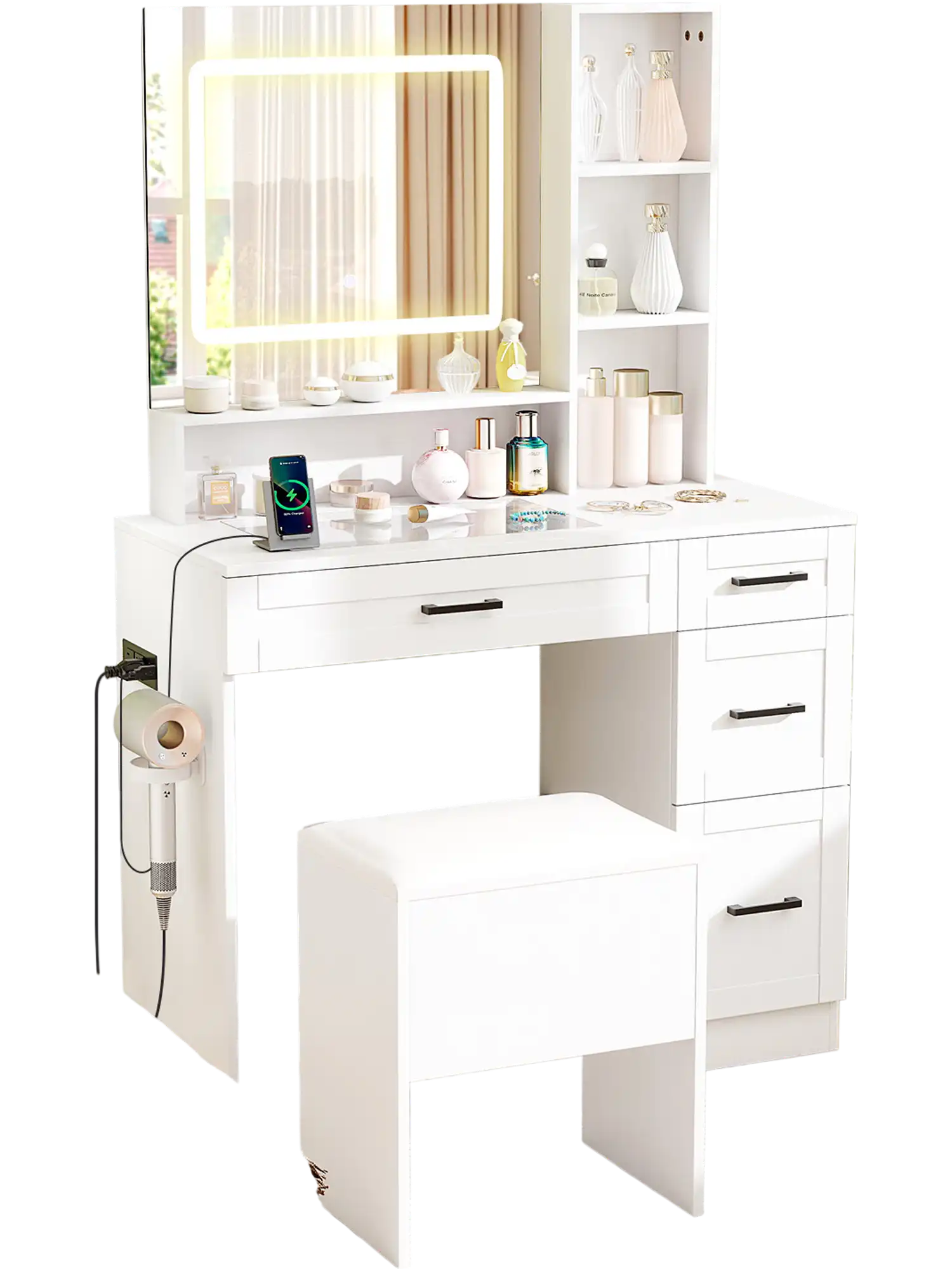 Costway Dressing Desk Vanity 3-Color Lighting Hair Dryer Stand White 485672319 New