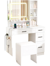 Dressing desk with LED mirror, hair dryer stand, and spacious storage for makeup and jewelry in white finish.