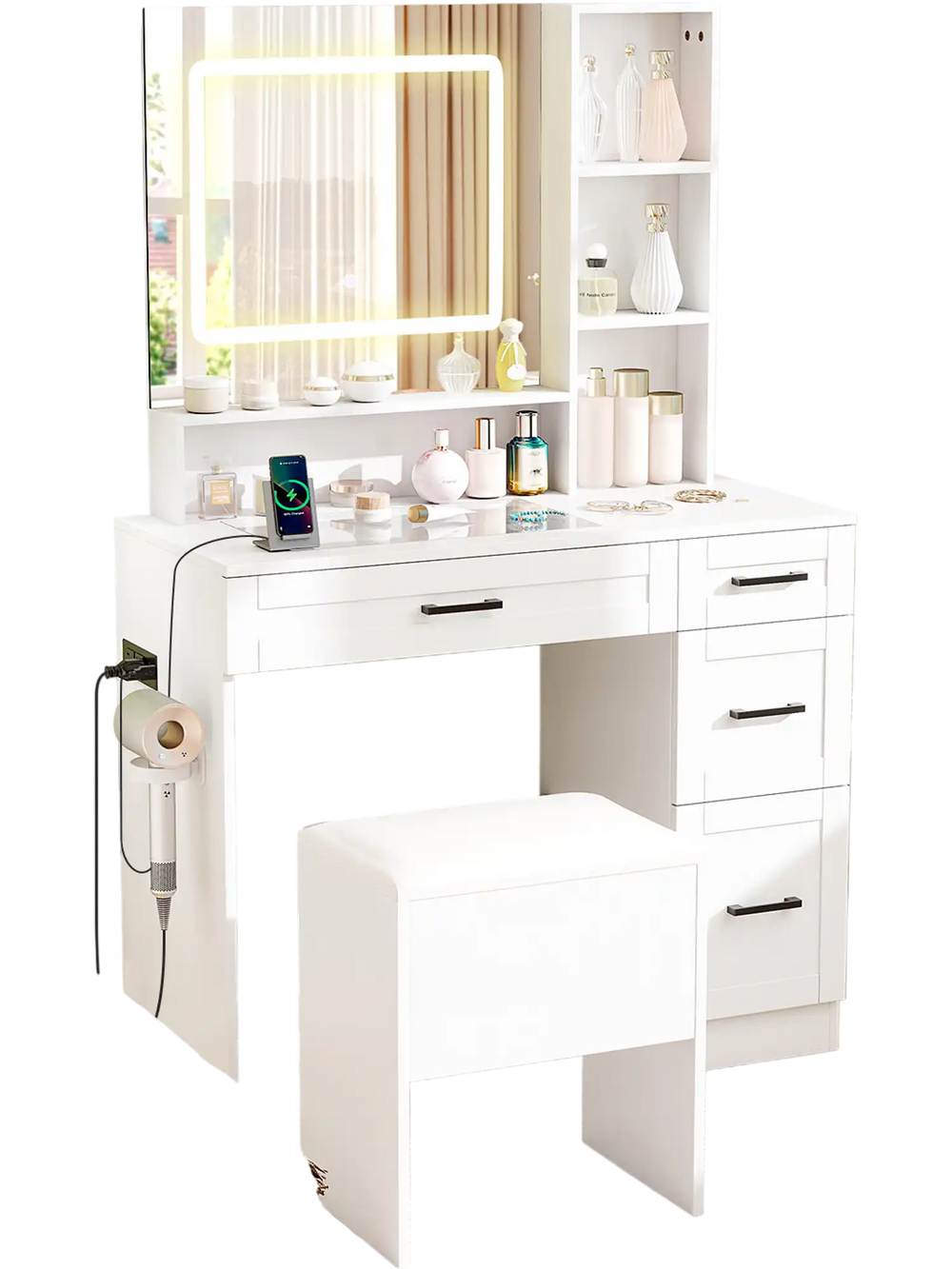 Dressing desk with LED mirror, hair dryer stand, and spacious storage for makeup and jewelry in white finish.