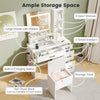Dressing desk with LED mirror, hair dryer stand, and ample storage, perfect for makeup organization and charging.