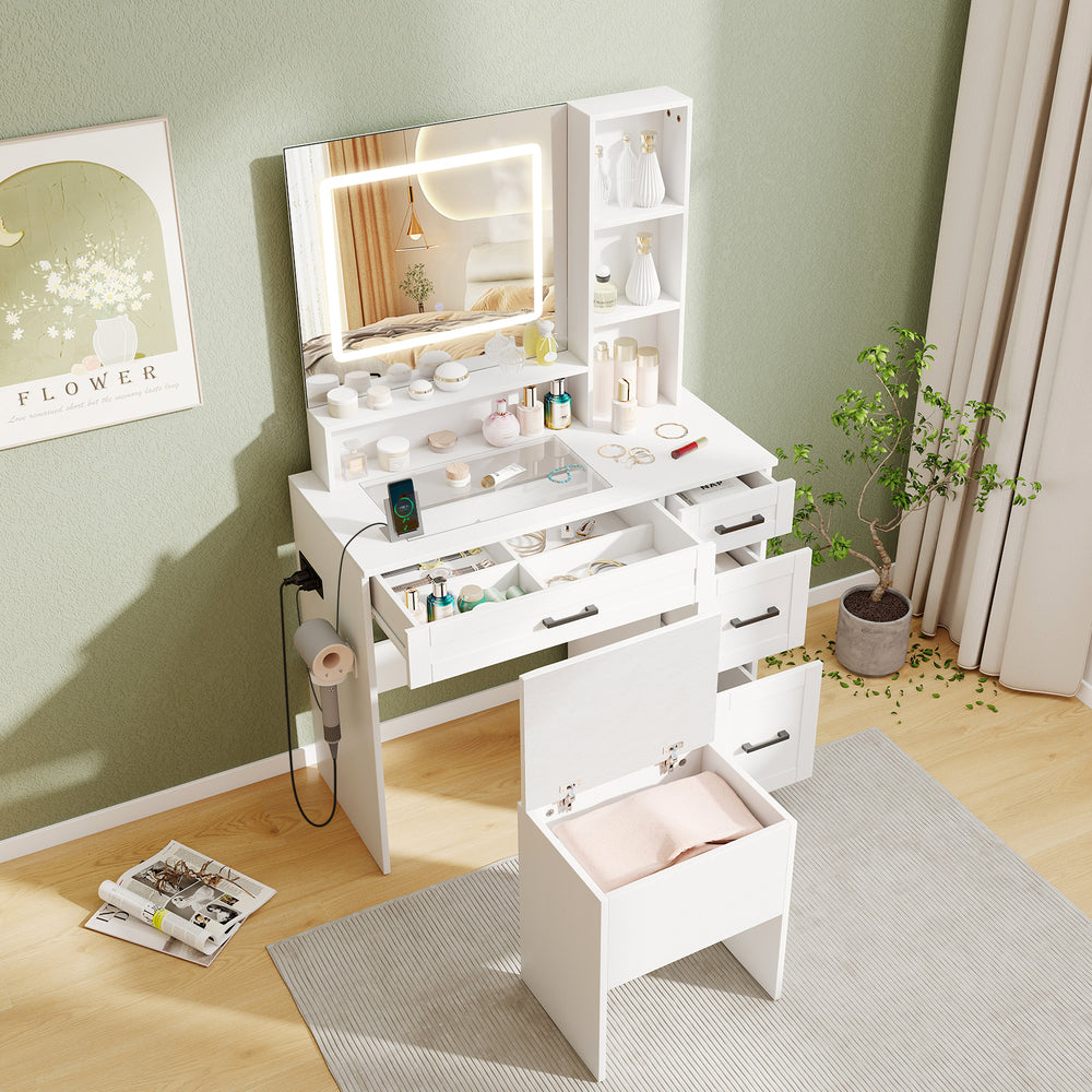 Dressing desk with adjustable LED mirror, hair dryer stand, and ample storage, perfect for makeup organization.
