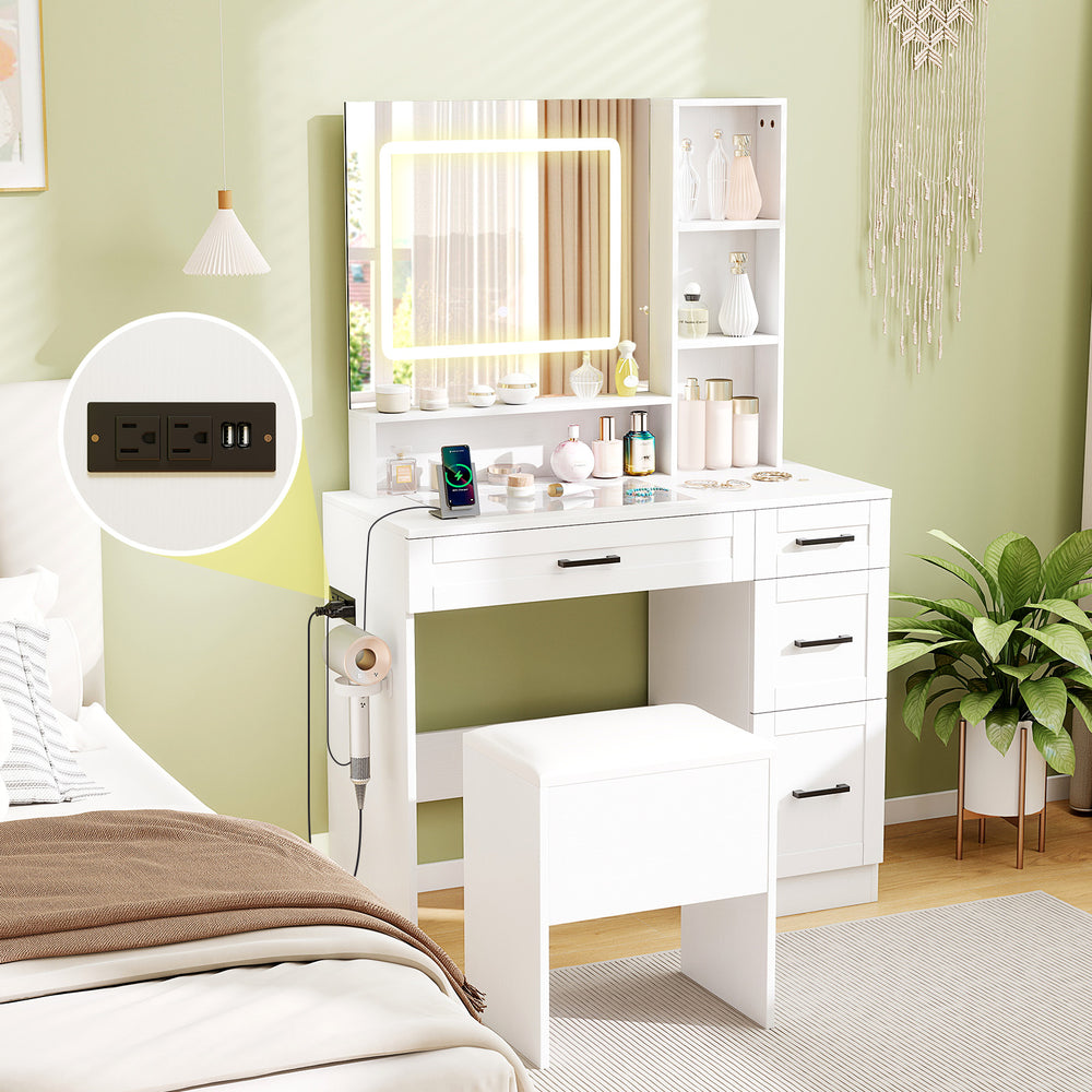 Dressing desk featuring a hair dryer stand and spacious drawers, designed for modern makeup organization in white.