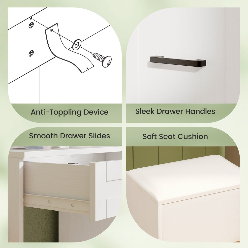Sleek drawer handles and smooth slides on a white dressing desk with a soft seat cushion and anti-toppling device.