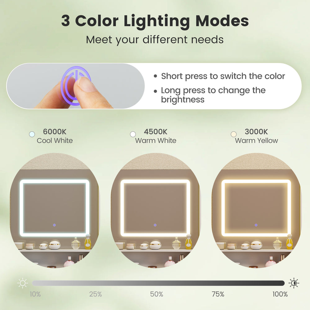 Dressing desk with HD vanity mirror, 3 color LED lights, and hair dryer stand, perfect for makeup and jewelry storage.