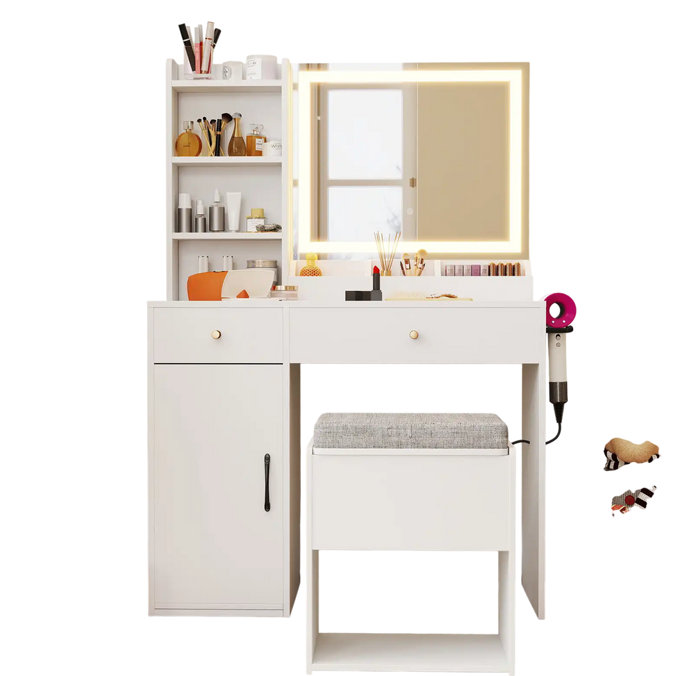 Detail view of the clear mirror with adjustable 3-color lights on the white vanity dressing table for makeup.