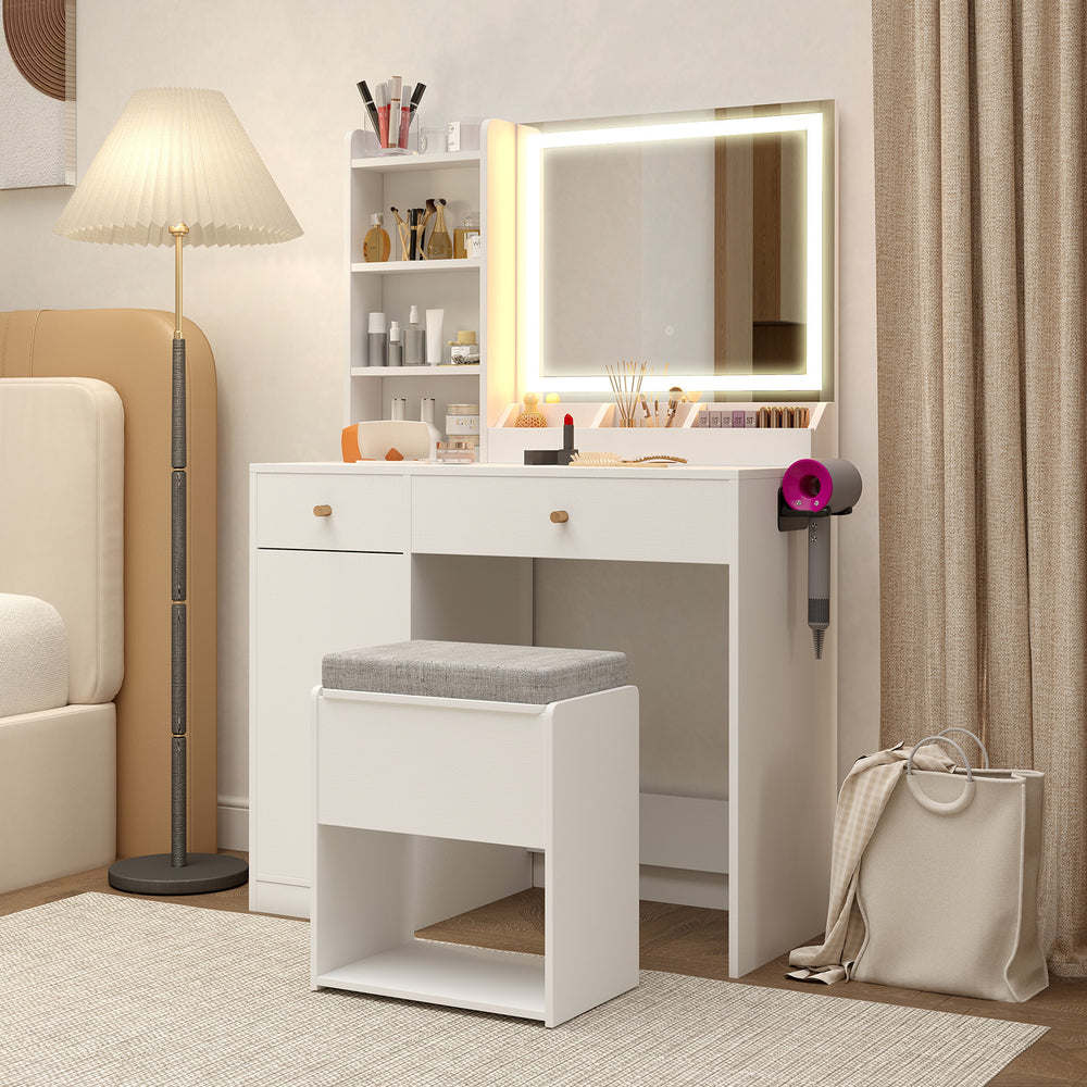 Vanity dressing table set in white with adjustable mirror lights, storage drawers, and matching stool for makeup.