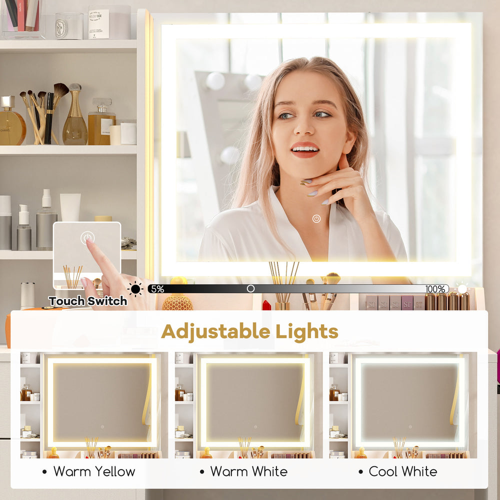 Vanity dressing table set with adjustable lights, clear mirror, and ample storage for makeup and accessories.