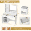 Vanity dressing table with mirror and lights, featuring adjustable shelves, storage drawers, and convenient charging.