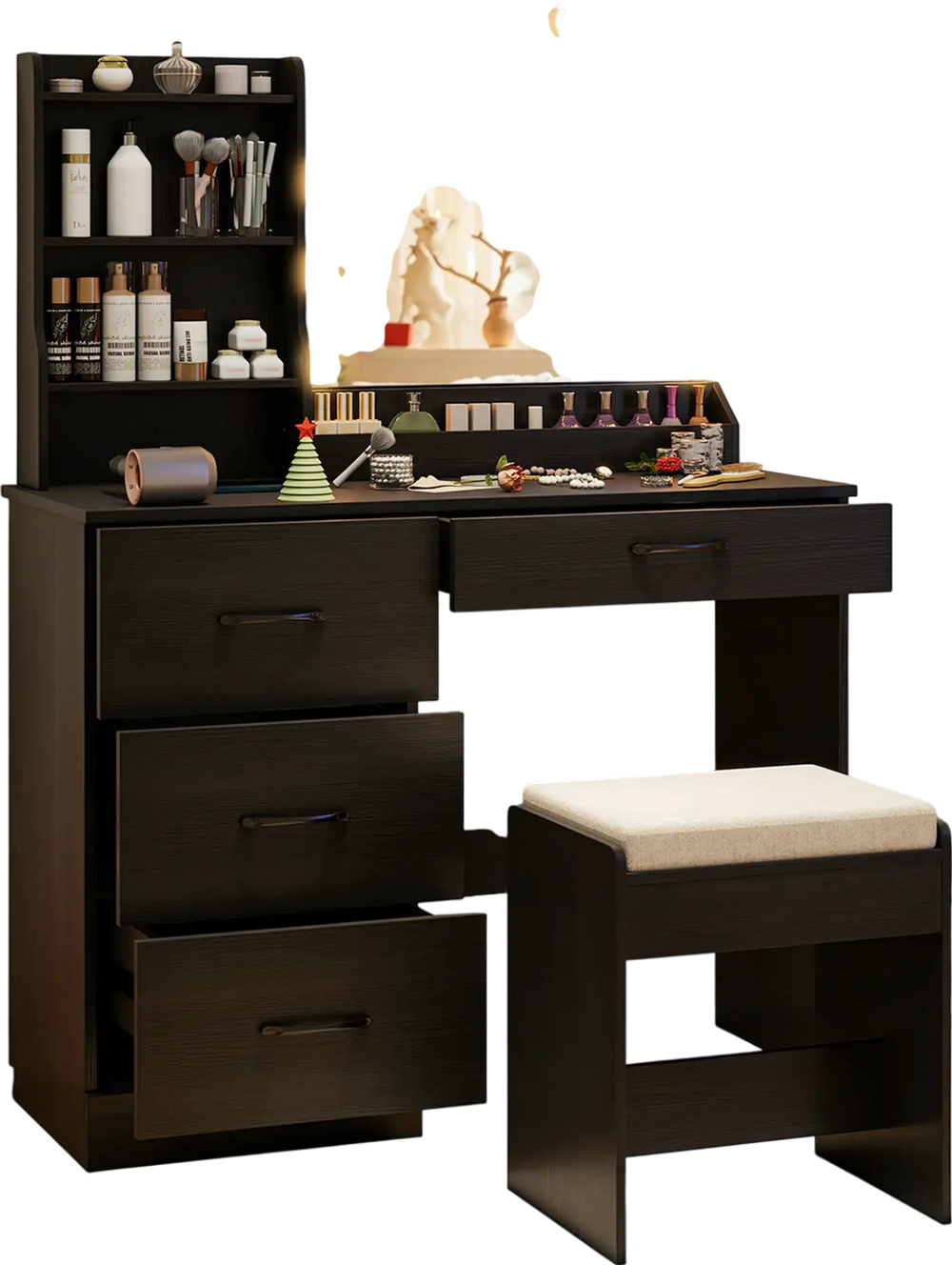 Black makeup vanity desk set with LED mirror, padded stool, and ample storage for beauty essentials in a stylish room.