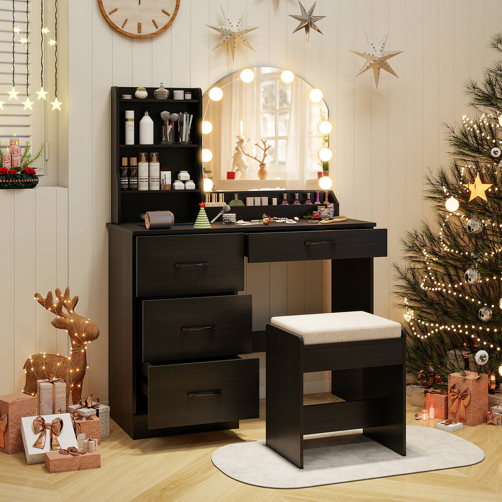 Makeup Vanity Desk Dressing Table and Stool Set with Mirror and Lights-Black - Gallery View 1 of 11