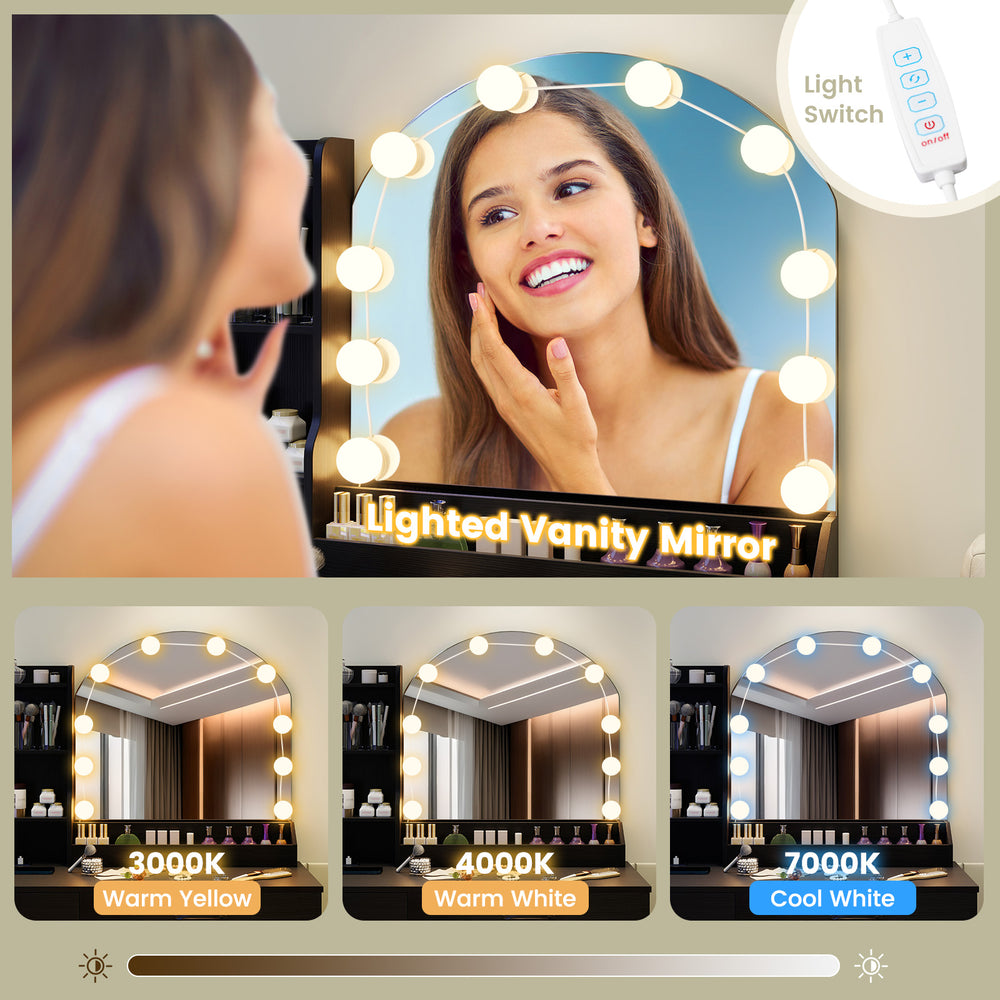 Lighted vanity mirror with three color options, part of a black makeup vanity desk and stool set for stylish grooming.