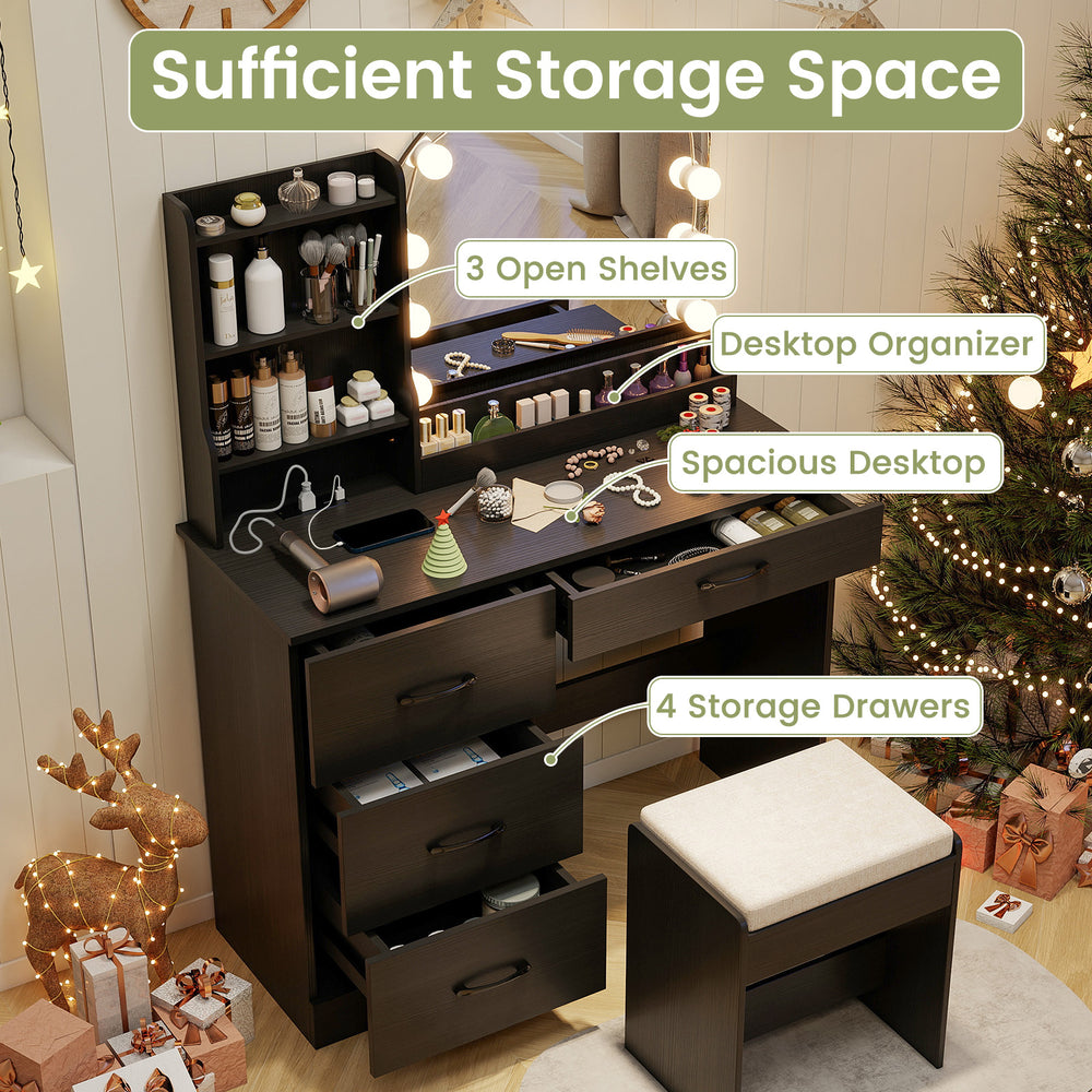 Makeup vanity desk set in black with 4 storage drawers, open shelves, and LED mirror, perfect for organizing beauty.