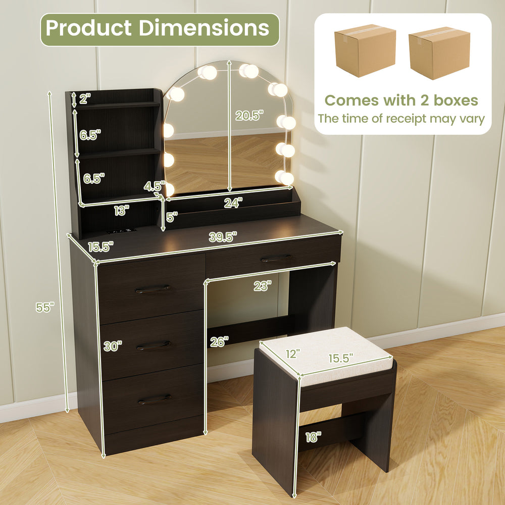 Makeup vanity desk with LED mirror, black finish, includes stool, ample storage, and built-in charging station.