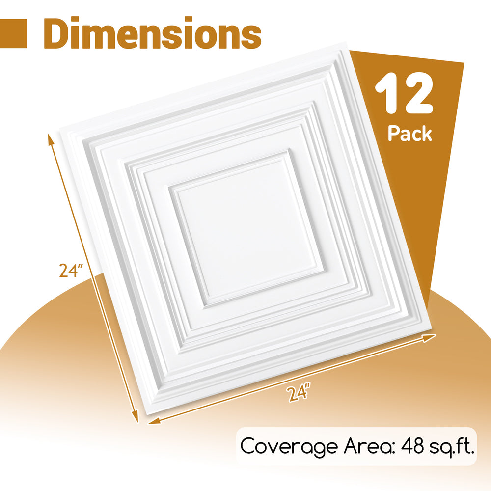 12-pack of 24" x 24" white PVC drop ceiling tiles with 3D decorative patterns, covering 48 sq.ft. for versatile.