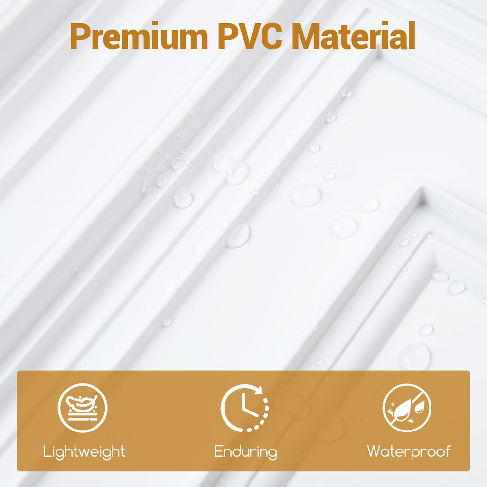 Close-up of premium PVC ceiling tiles showcasing a 3D decorative pattern, lightweight and waterproof for versatile.